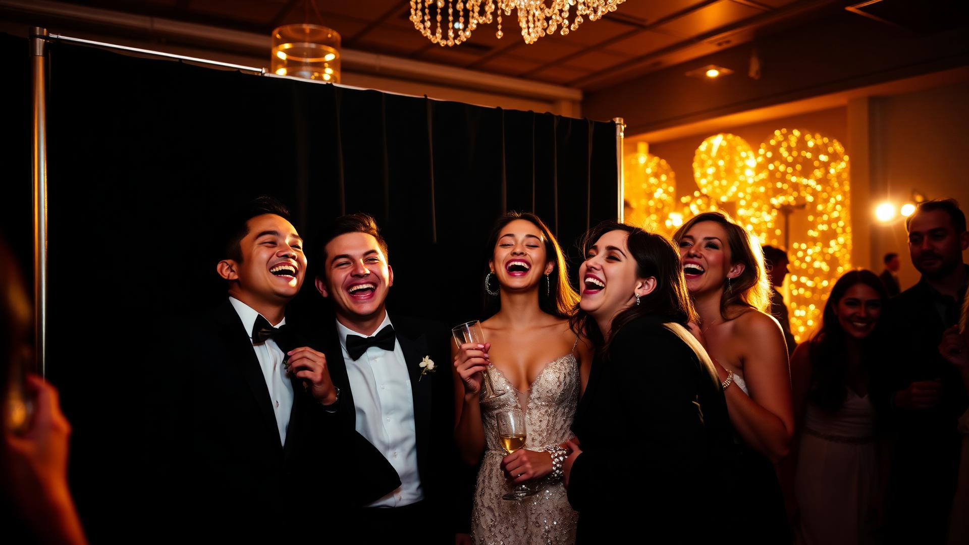 Wedding guests laughing inside a luxury photo booth with warm golden lighting